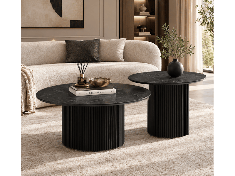  Duo tables gigognes rondes plateau noir mat &amp; métal noir ø80 cm – baieta  - Conforama E