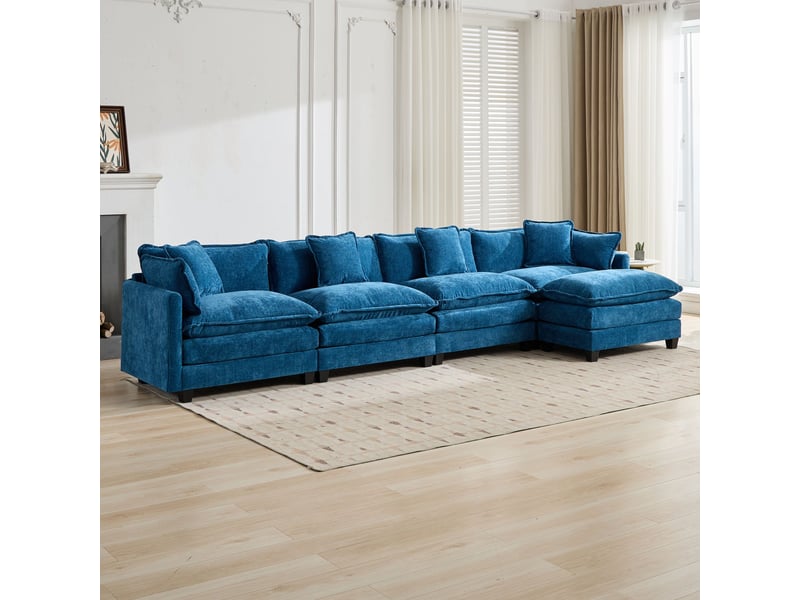 Canapé droit modulable 4 places 380 × 75 × 84 cm en chenille bleu, coussins rembourrés IKSETERA TRADING LTD - Conforama B
