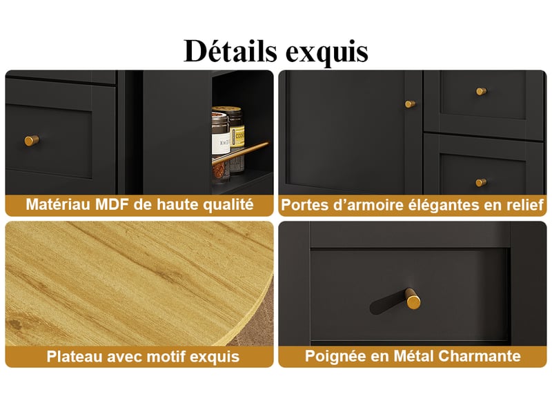  Buffet extensible noir 138-204 cm meuble rangement cuisine mdf métal avec tiroirs pliants  - Conforama W