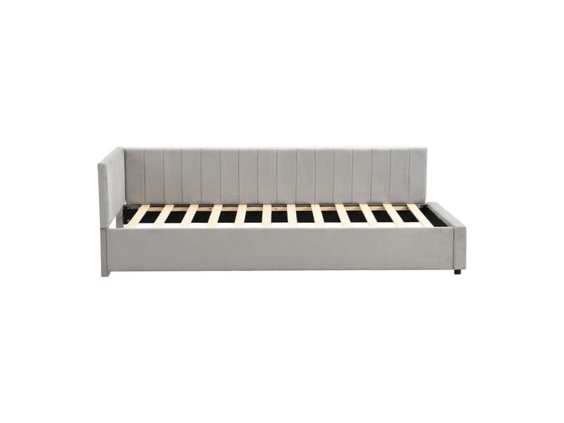  Lit enfant 90x200 cm, lit rembourré avec sommier à lattes et accoudoirs en velours gris, sans matelas  - Conforama D