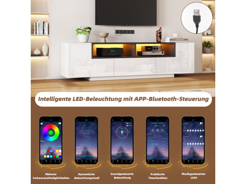  Vuenor meuble tv 180 x 40 x 48 cm blanc brillant et noir avec led et rangement  - Conforama E