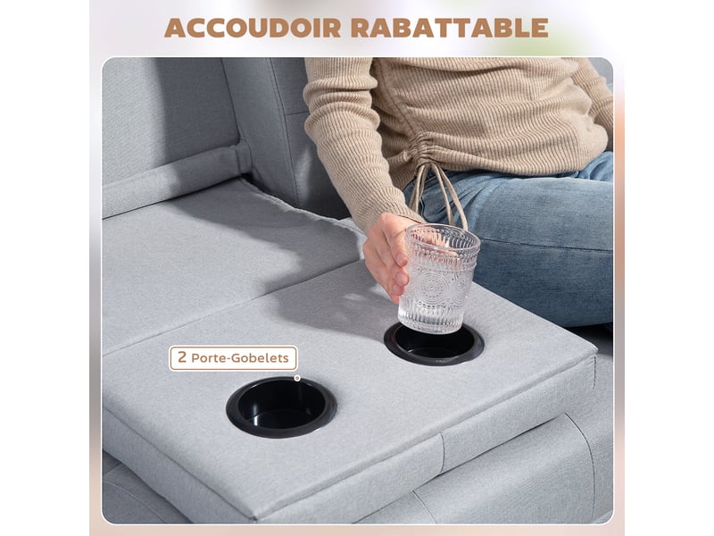  Canapé convertible 3 places, canapé-lit rembourré avec dossier réglable 3 niveaux, 2 coussins et 2 porte-gobelets intégrés, tissu de lin, pour salon, chambre d'amis, gris clair, petit espace  - Conforama W