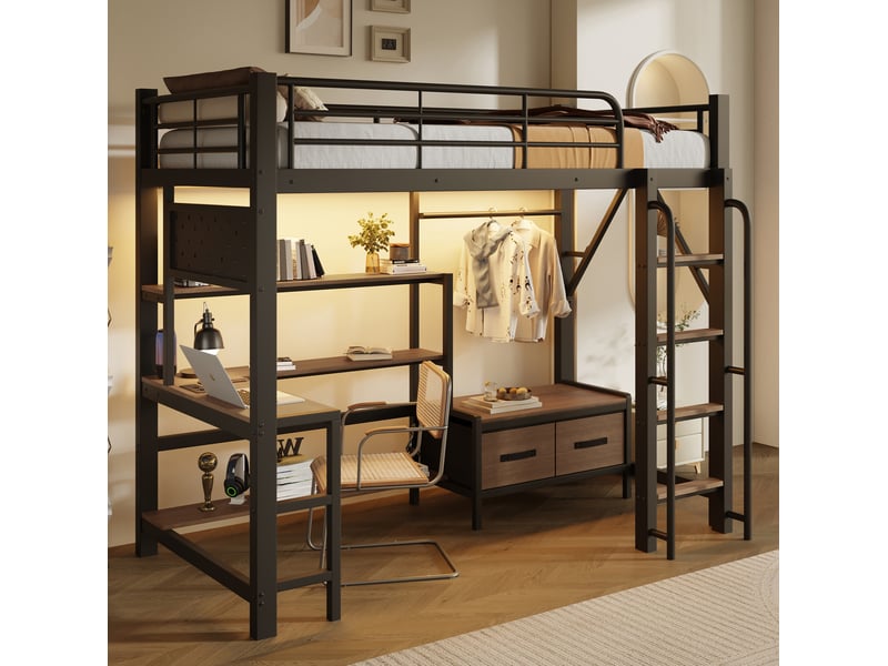  Lit mezzanine 90x200 cm avec bureau et led, tiroirs et rangements, coloris noir  - Conforama D
