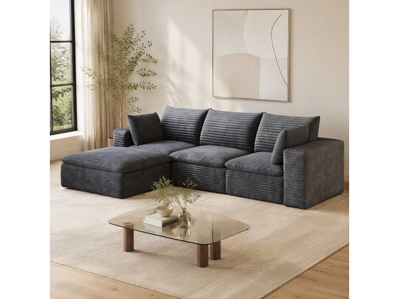  Canapé modulaire 4 places avec méridienne, coussins amovibles et design double couche en velours côtelé gris foncé  - Conforama B