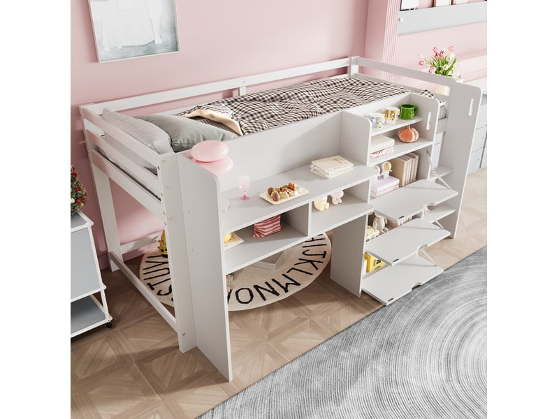 Lit mi-hauteur enfant 90 x 200 cm blanc avec rangements et espace bureau - Conforama B