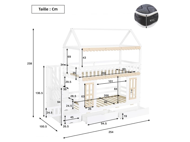 Lit superposé enfant forme maison 90x200 cm blanc et bois clair pin et mdf avec échelle latérale rangement 2 tiroirs fenêtre décorative Sol Morn - Conforama C
