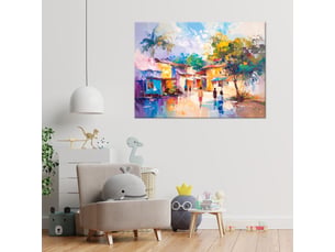 Toile imprimée, village coloré abstrait maisons personnes 100x70