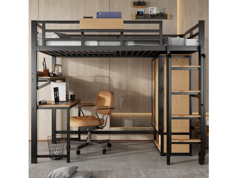  Lit mezzanine enfant 90x200 cm noir et naturel avec bureau et armoire  - Conforama D