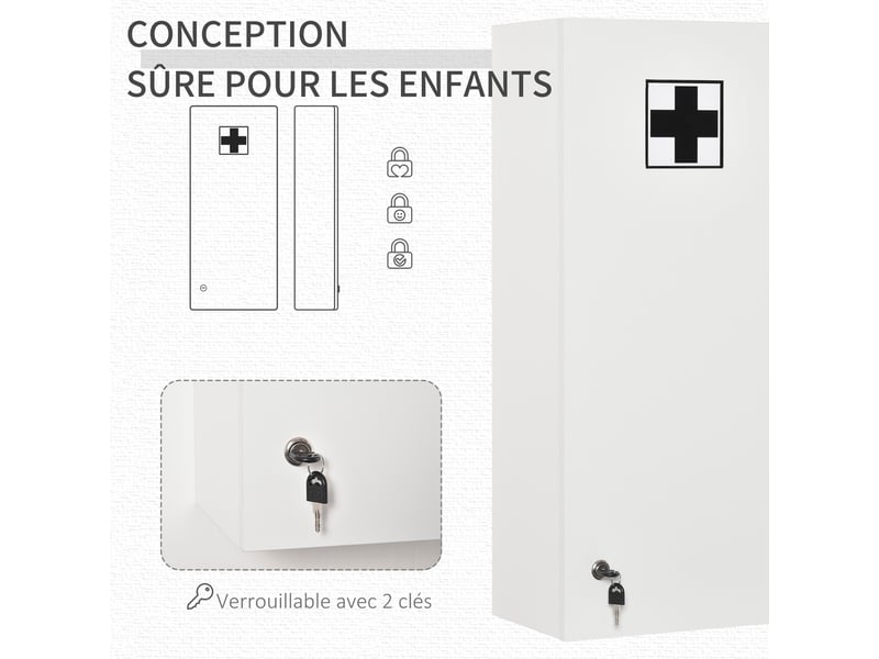 Armoire à pharmacie murale avec serrure, 5 étagères et tablettes réglables, bois et verre, 30x20x70cm, blanc  - Conforama R