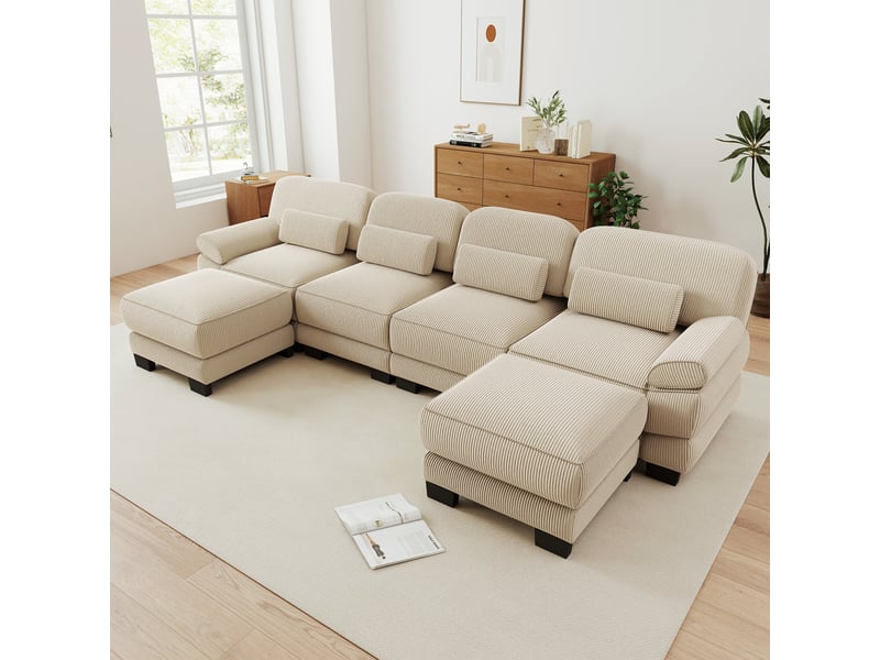  Canapé modulable en u - 4 places - 2 ottomans - velours côtelé - mobilier de salon - grand confort - assise confortable - beige CozyNest - Conforama B