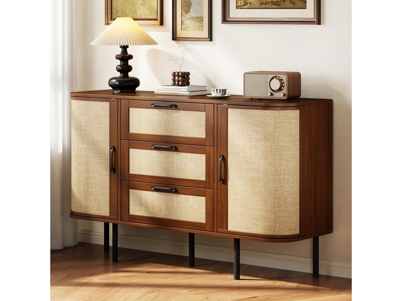  Buffet arrondi 2 portes et 3 tiroirs à texture tressée décor noyer 120 × 40 × 82 cm IKSETERA TRADING LTD - Conforama E