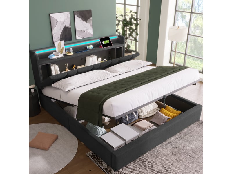  Lit double 140x200 cm avec tête de lit usb, rangements intégrés, éclairage led et matelas inclus  - Conforama C
