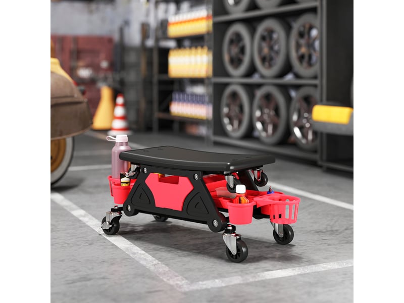  Tabouret d'atelier rouge mobile avec roulettes rotatives à 360° supportant 135 kg et plateaux dimensions 86x33x33 cm  - Conforama D