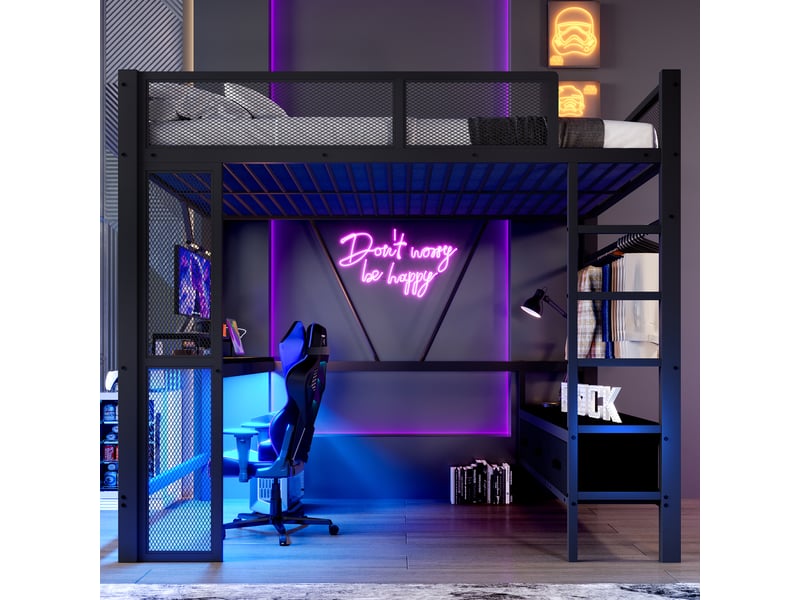Lit mezzanine 140x200 cm noir, avec bureau, 3 tiroirs, penderie, led, usb, structure métal, sommier inclus, sans matelas - Conforama W