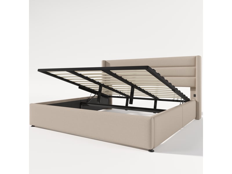  Lit coffre 180x200 cm rembourré en lin avec sommier à lattes et rangement hydraulique, beige Fay Lum - Conforama A