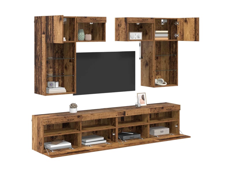  Meubles tv - banc tv - meuble de rangement muraux 6 pcs chêne noir bois d'ingénierie  - Conforama C
