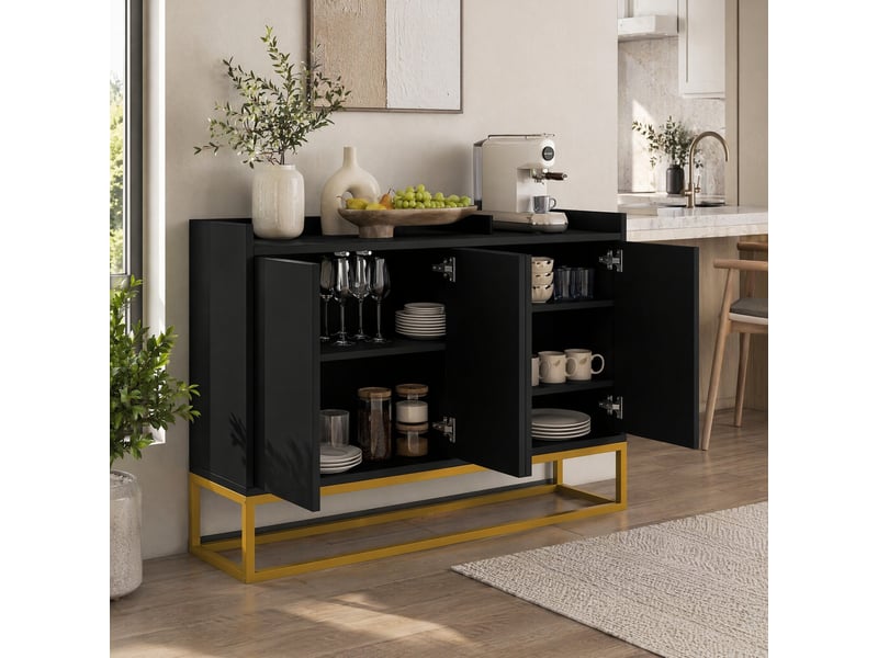 Buffet bas modenvie 4 portes sans poignée 120 x 30 x 80 cm noir avec étagères réglables et structure en métal - Conforama B