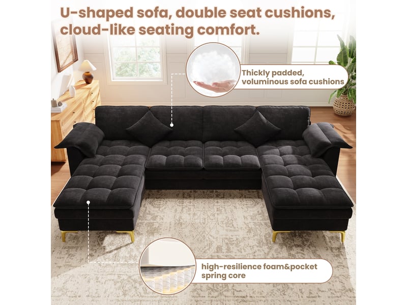  Canapé d’angle en u 4 places noir, chenille, 2 méridiennes, double rembourrage, 2 coussins, pieds métal dorés  - Conforama D