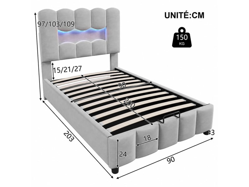  Lit coffre simple 90x200 cm en velours gris avec rangement hydraulique, led et tête réglable, sans matelas  - Conforama D