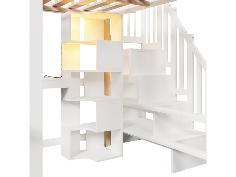  Lit mezzanine 140x200 cm avec led, fenêtre style maison et rangements, bois et mdf, blanc et naturel, sans matelas  - Conforama E