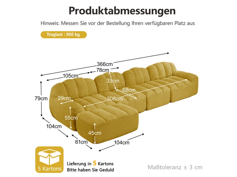  Canapé modulable 4 places jaune en tissu bouclette avec pouf, confort mousse 32d pour le salon familial  - Conforama C