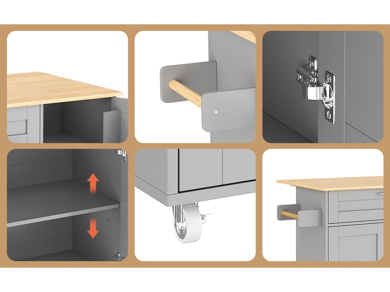 Îlot de cuisine sur roulettes 132,5 cm plan de travail pliable aspect chêne  - Conforama W