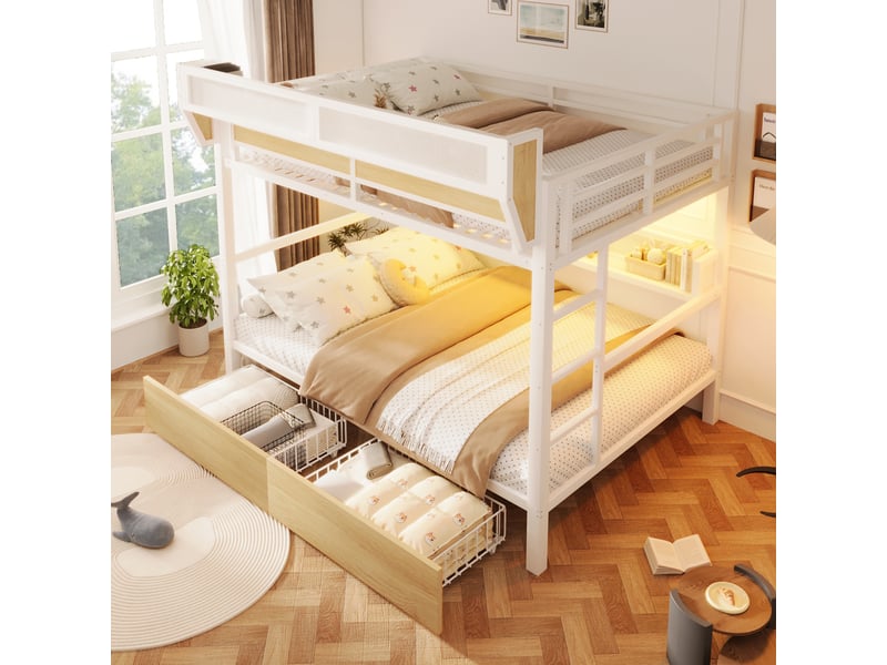 Lit superposé enfant 90x200 cm avec escalier rangement, design château, 2 couchages, bois massif et mdf blanc naturel OMNIGLINT TRADING LTD - Conforama E