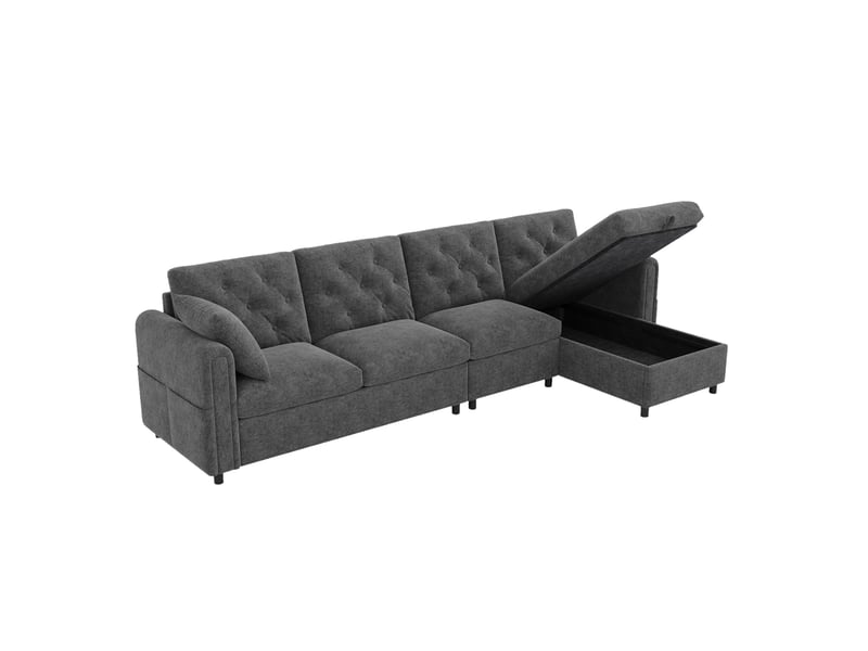  Canapé d'angle 4 places convertible avec rangement d'angle en polyester gris, 281×132×86 cm, méridienne réversible  - Conforama A