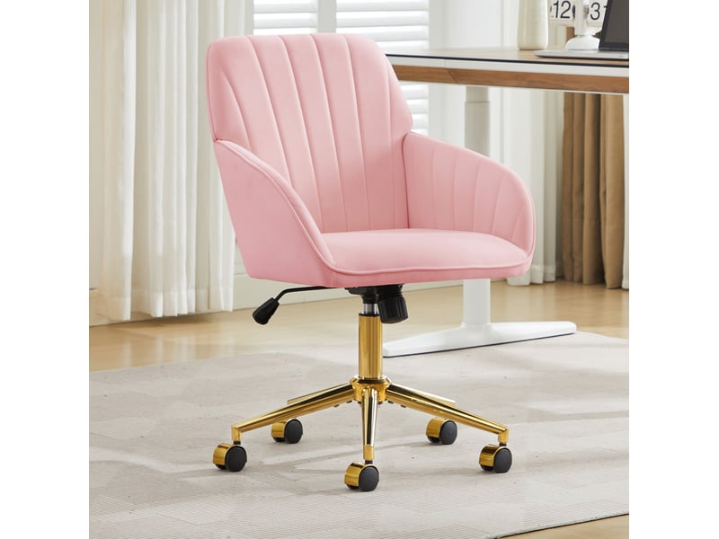  Chaise de bureau pivotante rose en velours, hauteur réglable de 50 à 59 cm, conçue pour le travail à domicile  - Conforama B