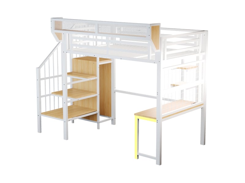  Lit mezzanine enfant 90x200 cm avec led et bureau, étagère et filet de rangement, échelle, métal+mdf, blanc sans matelas  - Conforama R