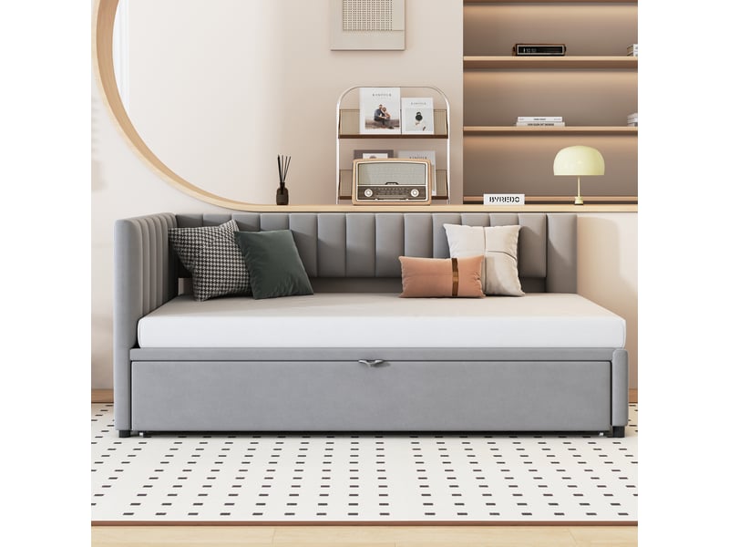  Canapé convertible en l 90180*200cm gris, tiroir-lit escamotable, velours doux pour petit espace  - Conforama C