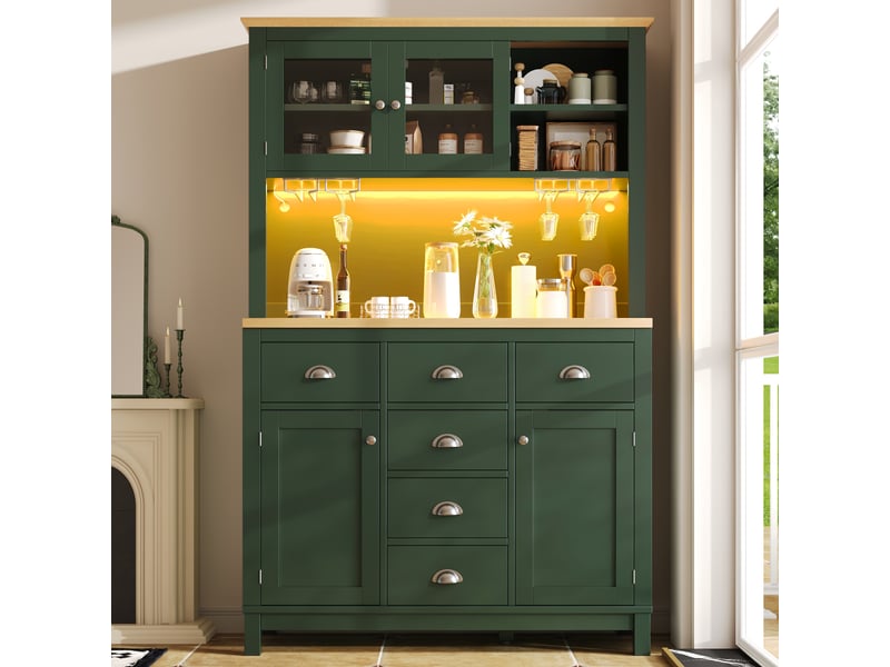  Buffet de cuisine vert style maison de campagne, armoire de rangement 180cm avec 4 portes, éclairage led et porte-gobelets.  - Conforama D