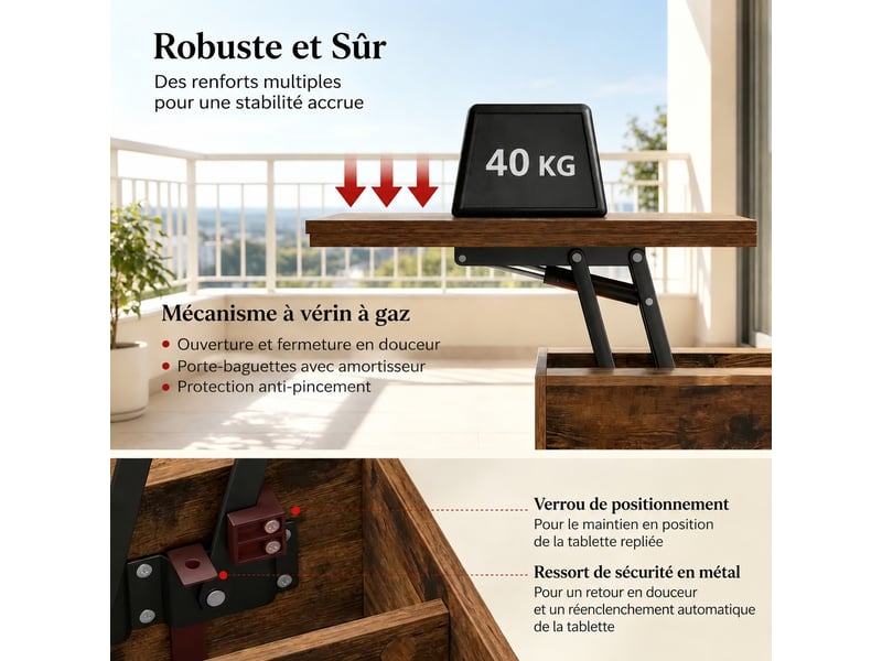  Table basse relevable à roulettes verrouillables, extensible, avec tiroir et rangement, 100x50.5cm, marron rustique  - Conforama R