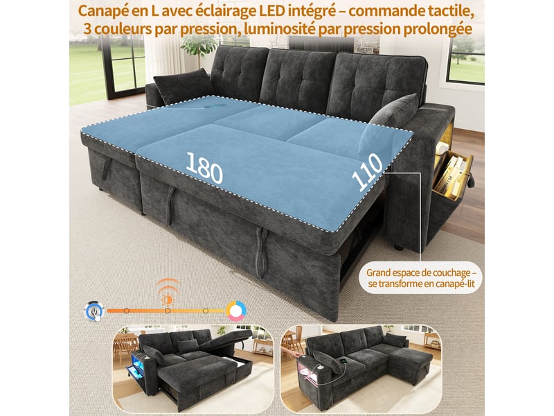 Canapé d'angle en l convertible, méridienne réversible, rangement, led, usbtype-c, tissu chenille gris - Conforama E