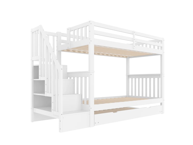 Lit superposé enfant 3 places 90 × 200 cm et 90 × 190 cm avec lit gigogne et étagères, sans matelas, blanc - Conforama E