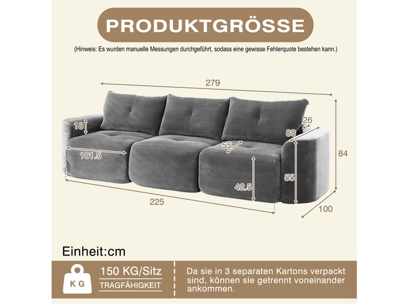  Canapé modulable 3 places 279x100x84 cm gris anthracite en velours côtelé, siège individuel amovible  - Conforama C