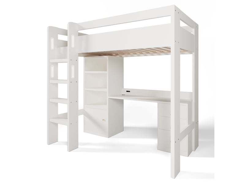  Lit mezzanine enfant 90x200cm- lit avec bureau - usbtype-c - armoire - caisson 3 niveaux - tiroirs - escalier sécurisé - blanc  - Conforama A