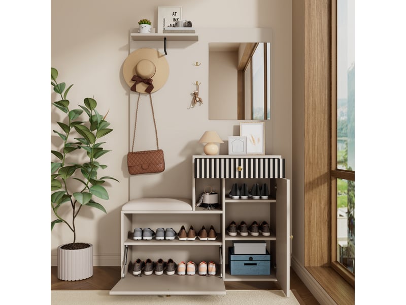  Meuble d'entrée avec miroir, assise rembourrée, crochets et étagères réglables en mdf beige crème 110 × 37 × 185,5 cm  - Conforama C