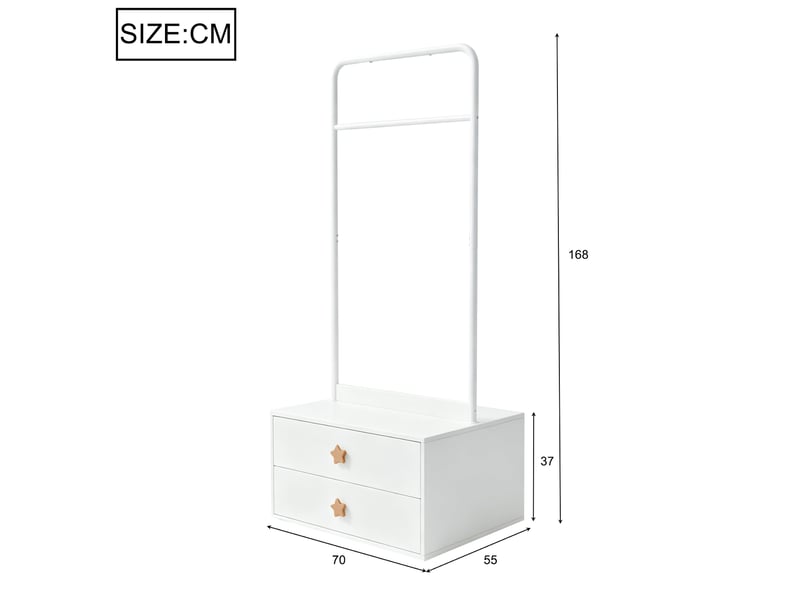  Armoire 2 portes avec penderie et 2 tiroirs, poignées fantaisie, pieds surélevés pour chambre d'enfant, blanc  - Conforama E