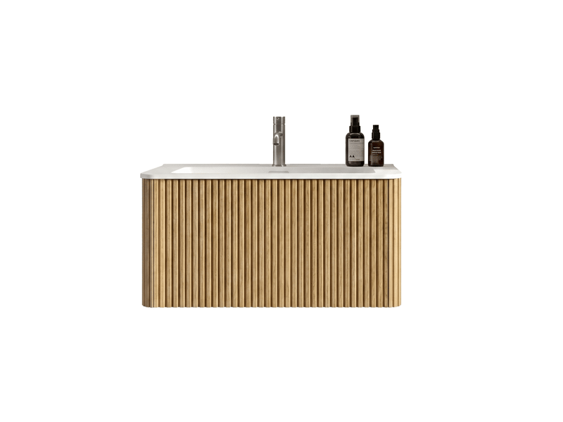  Meuble salle de bain suspendu 80 cm avec vasque - façade rainurée, 2 tiroirs, coloris chêne  - Conforama W