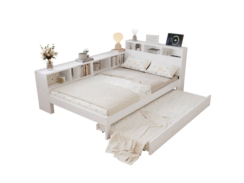  Lit enfant fonctionnel 120x200cm - lit gigogne 90x190 - étagère latérale - station charge - blanc Seren Glow - Conforama A