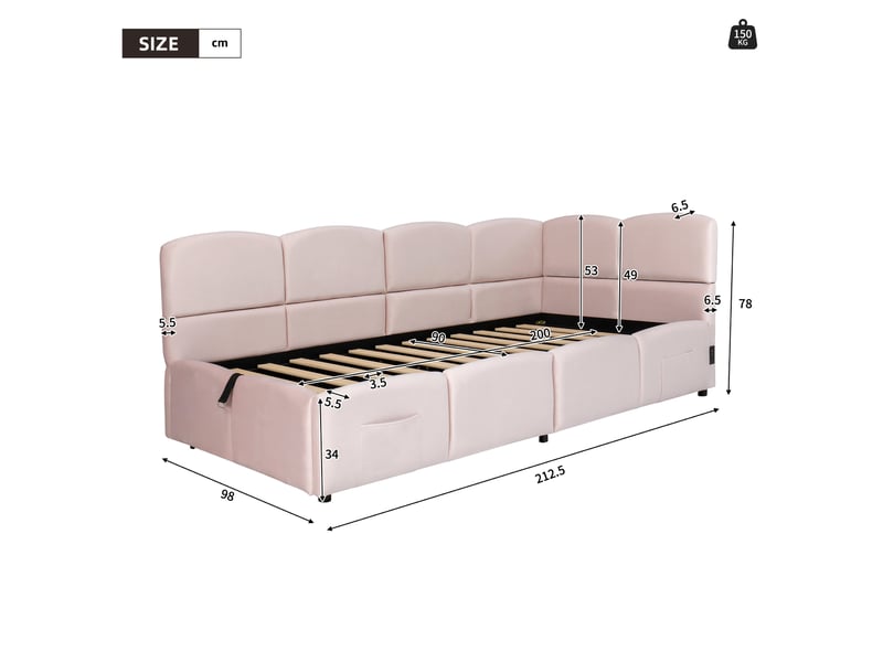 Lit banquette coffre 90x200 cm en velours rose avec usb et rangements  - Conforama C