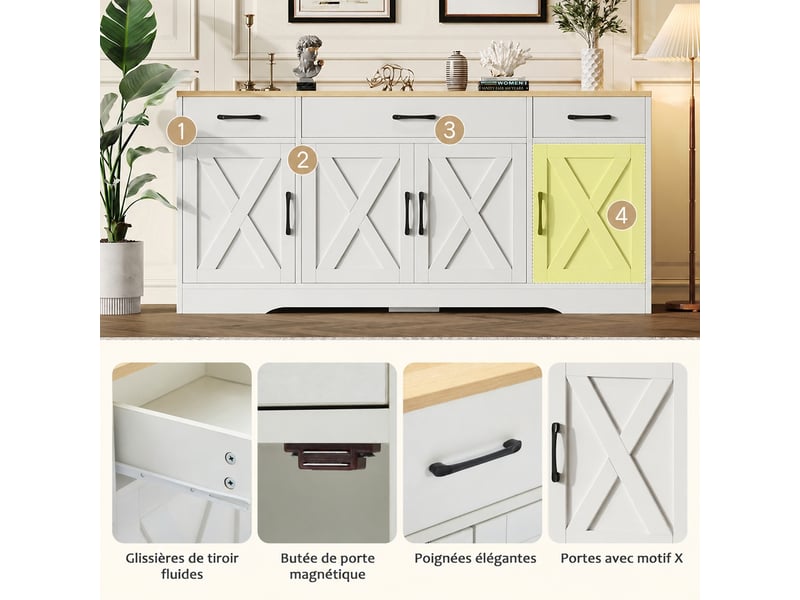  Buffet 4 portes 3 tiroirs en mdf 160 cm blanc et bois  - Conforama D