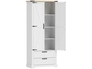 Buffet haut cuisine, armoire de cuisine avec 2 portes, 2 tiroirs, étagères réglables, style rustique, blanc, 76x40x180cm