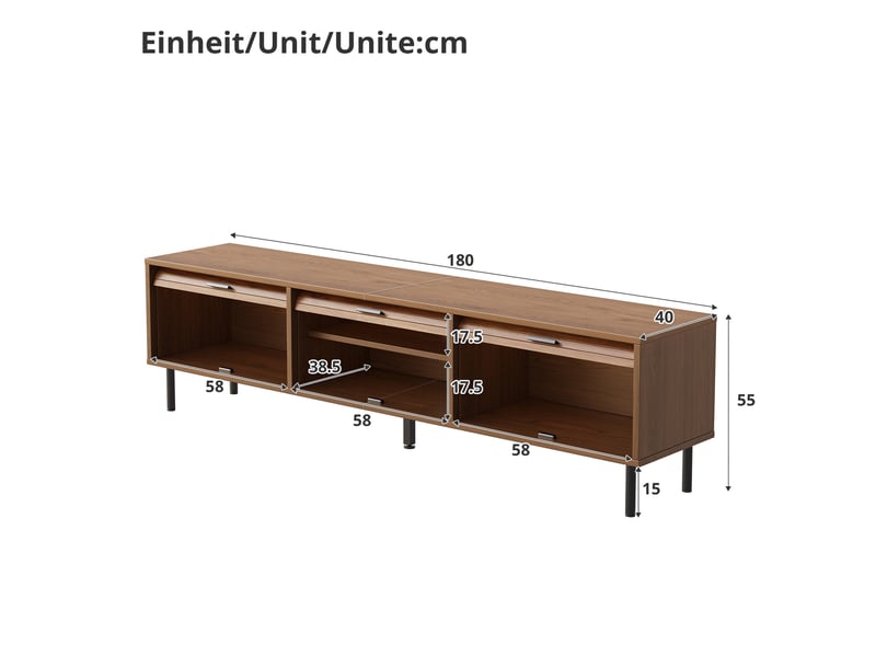 Meuble tv 3 portes coulissantes, 4 niches et 5 pieds métalliques noirs pour salon en mdf noyer 180 × 40 × 55 cm - Conforama C