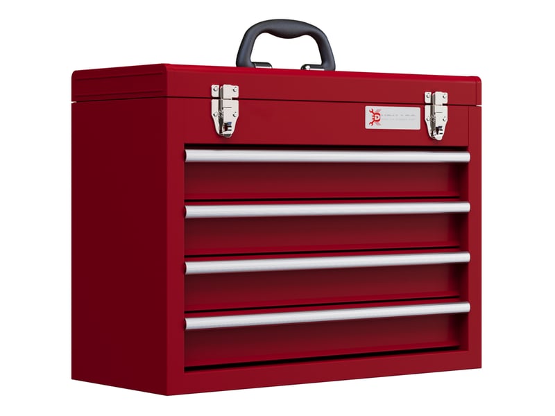 Boîte à outils vide 51x22x39,5 cm avec 4 tiroirs et compartiment supérieur verrouillable, métal rouge - Conforama A