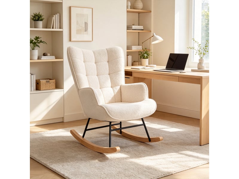 Fauteuil à bascule 60x75x92 cm avec dossier à carreaux, chaise de détente pour salon, chambre et bureau, tissu bouclé beige - Conforama W