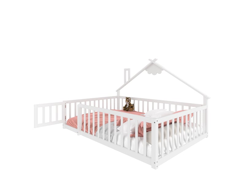  Lit enfant 140x190 cm - lit avec barrières de sécurité et design maison - bois de pin et mdf - sans matelas - blanc  - Conforama A