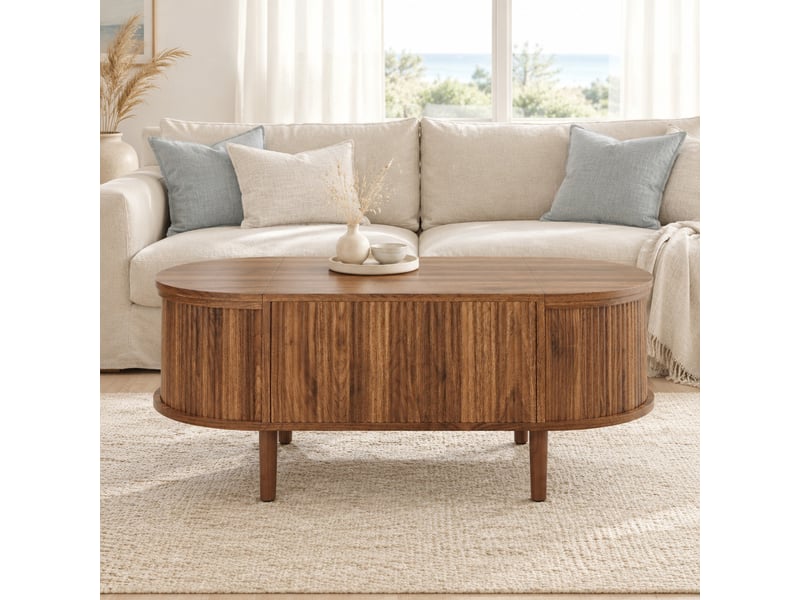 Table basse ovale réglable, avec 2 compartiments à couvercle relevable et style vintage, mdf noyer, 100 × 48 × 53.5 cm  - Conforama B
