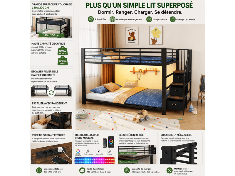  Lit adulte 140x200 cm – blanc et noyer – superposé, escalier de rangement, led, usb – sans matelas  - Conforama E